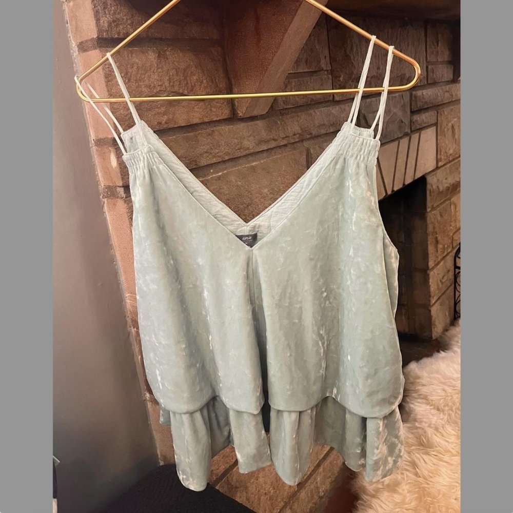 Aerie Ruffle Crushed Velvet Tiered Tank Top Cami Medium Seafoam-Green